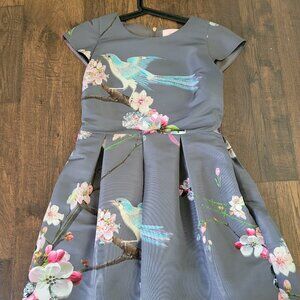 Ted Baker Zaldana Flight of the Orient Bird Dress 4 L Grey Gray